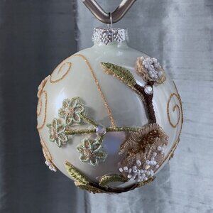 Hand detailed Pearled Glass Ornament, Green Gold, Glitter, Applique, Beaded